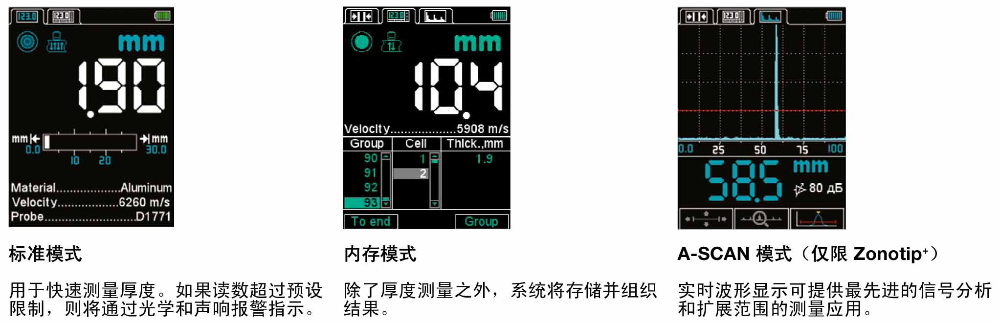 超音波測厚儀三種操作模式:標準模式、內存模式、A-SCAN模式